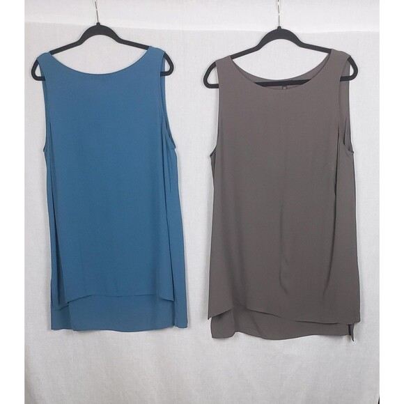 Eileen Fisher Tunic Tank Tops L Blue Brown Sleeveless 100% Silk Lot of 2 Casual - Picture 1 of 16